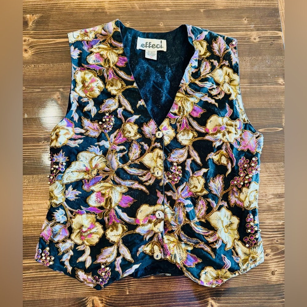 Vintage 90’s Effeci Women's Floral Beaded Vest - Black, Purple & Gold